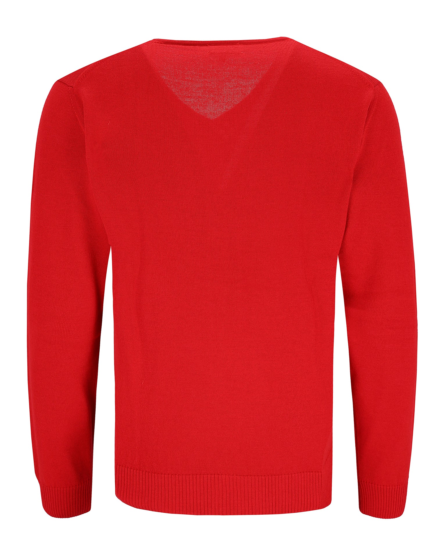 Roter Strickpullover mit V-Ausschnitt und langen Ärmeln.