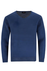 Marineblauer Pullover mit Rundhalsausschnitt und gerippten Abschlüssen.