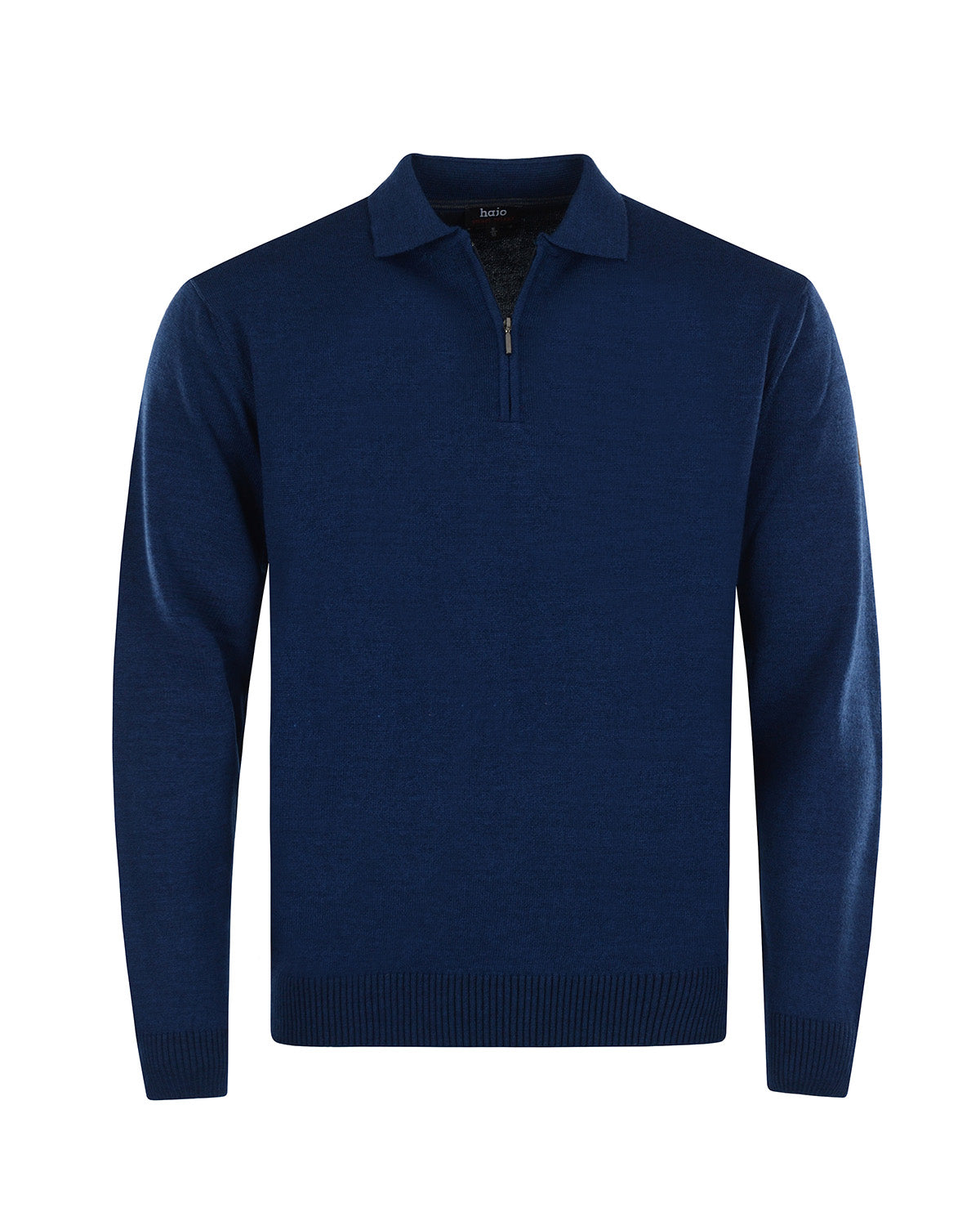 Marineblauer Pullover mit Viertelreißverschluss und geripptem Kragen und Manschetten.