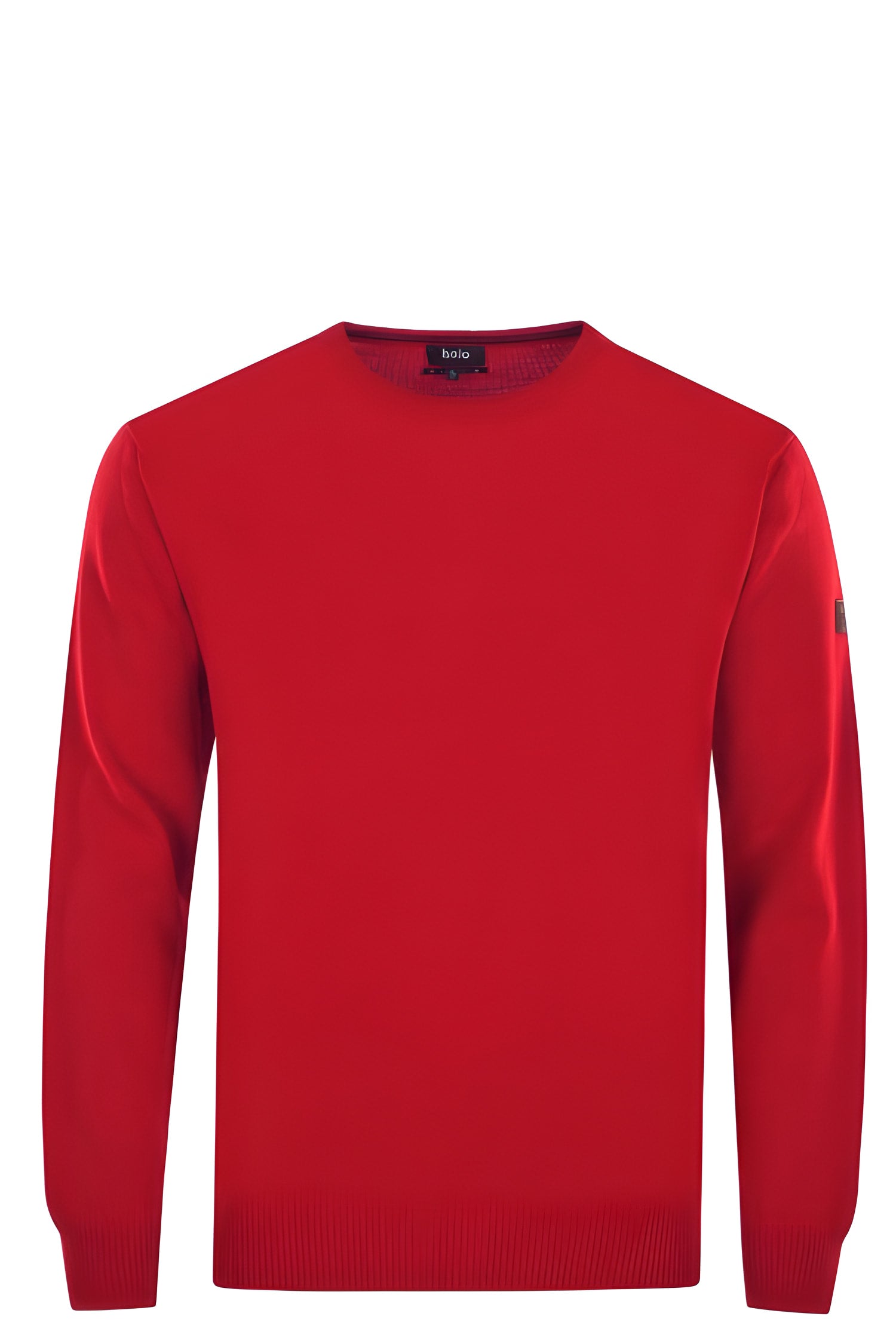 Roter Pullover mit Rundhalsausschnitt und langen Ärmeln.