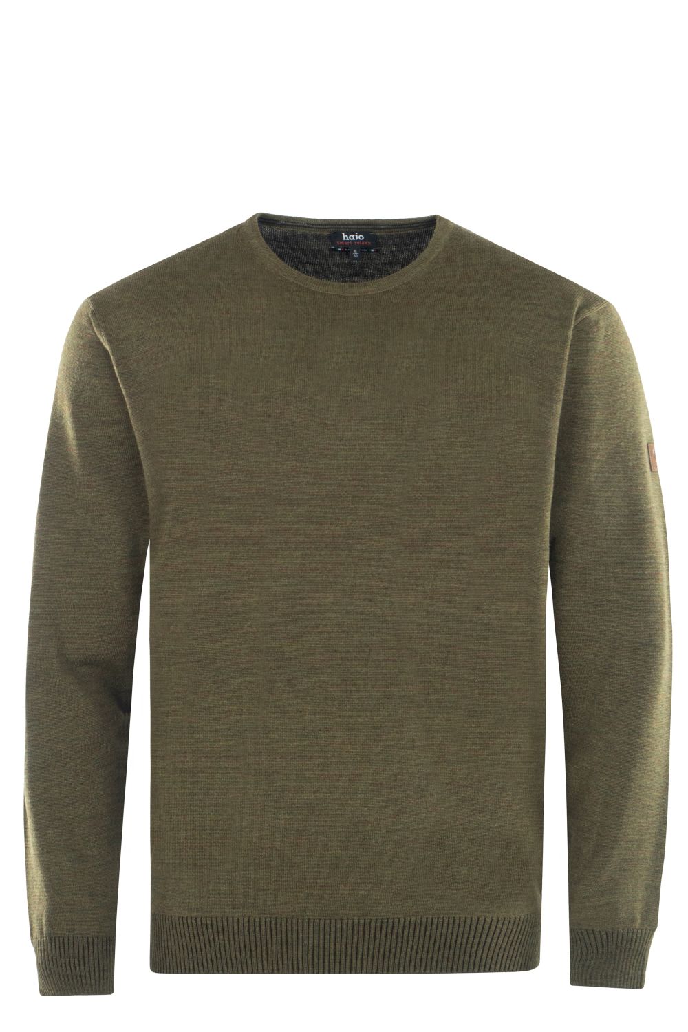 Olivgrüner Pullover mit Rundhalsausschnitt und gerippten Bündchen und Saum.