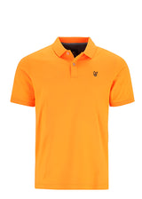 Leuchtend orangefarbenes Poloshirt mit kleinem gesticktem Logo.