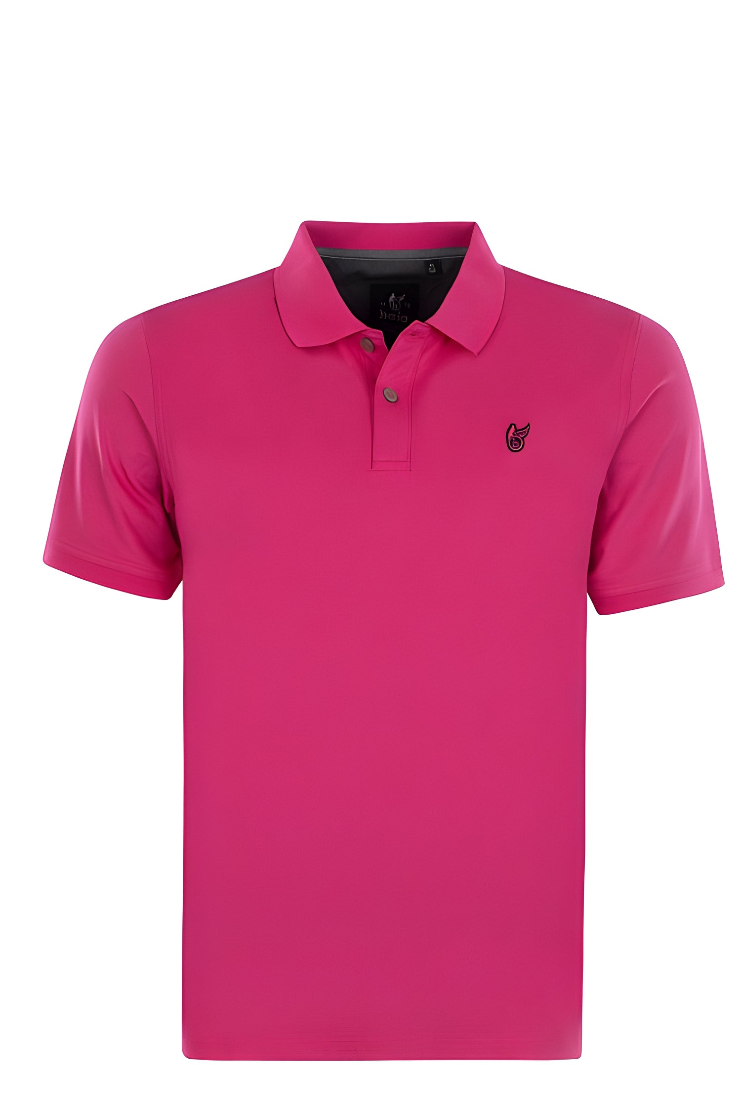 Pinkes Poloshirt mit einem kleinen dunklen Emblem auf der Brust.