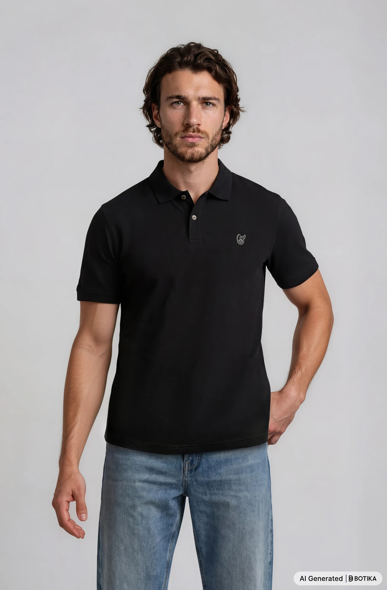 Basic piqué-poloshirt in schwarz mit flachstrickkragen knopfleiste und dezenter bruststickerei auf der linken brust