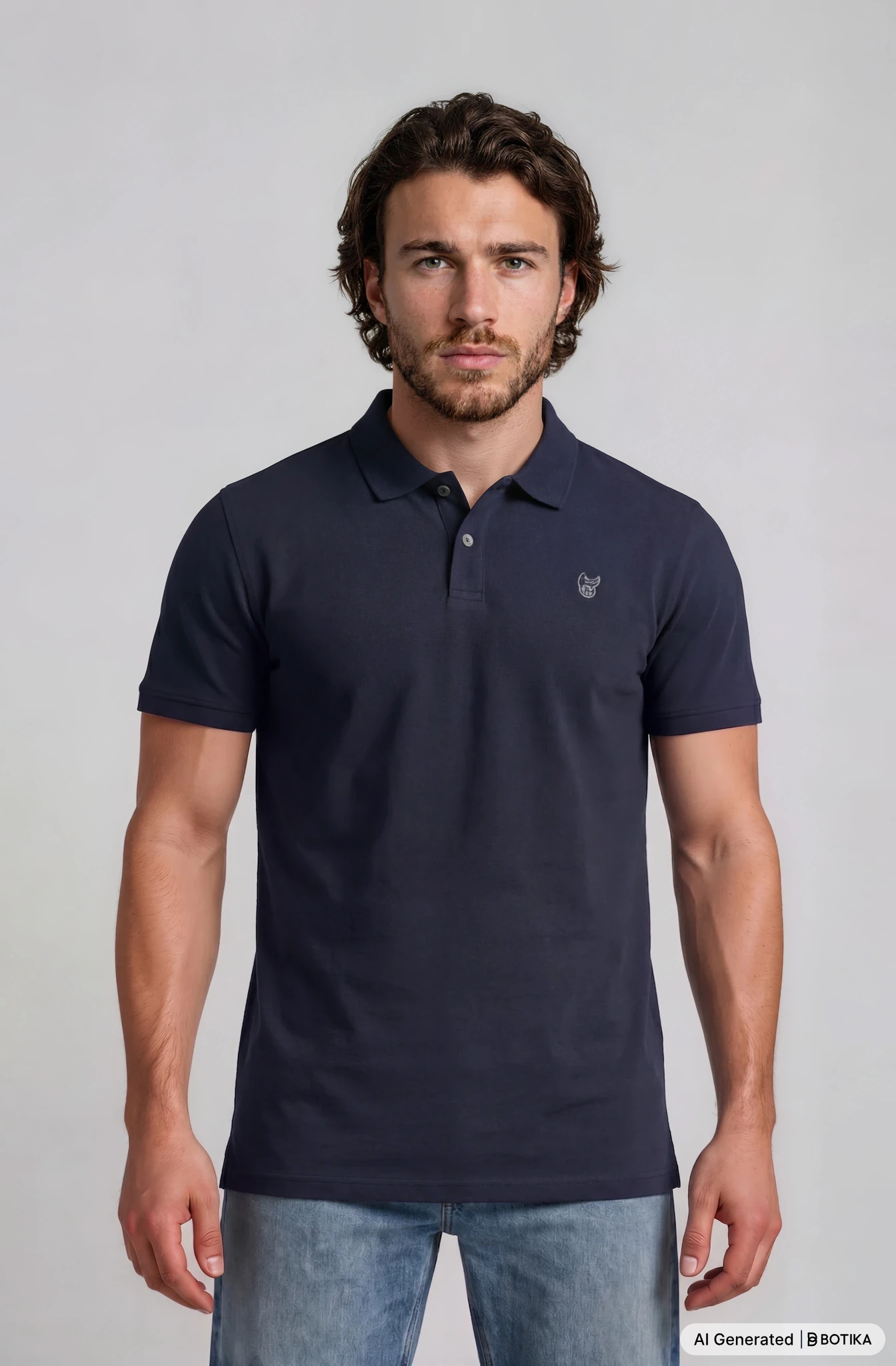Navy blaues basic piqué-poloshirt mit flachstrickkragen knopfleiste und bruststickerei am linken brustbereich