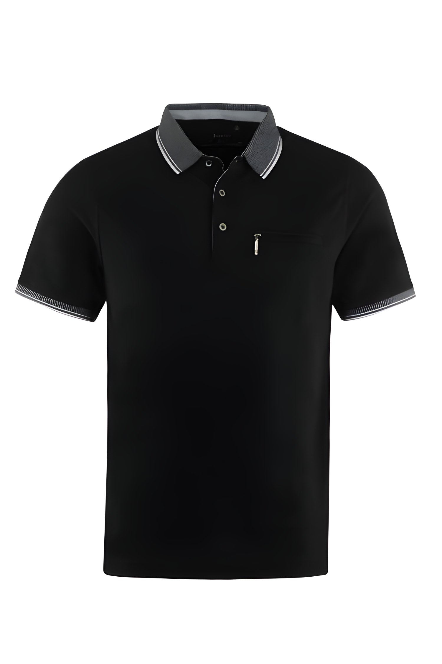 Schwarzes Poloshirt mit grauem Besatz an Kragen und Ärmeln.