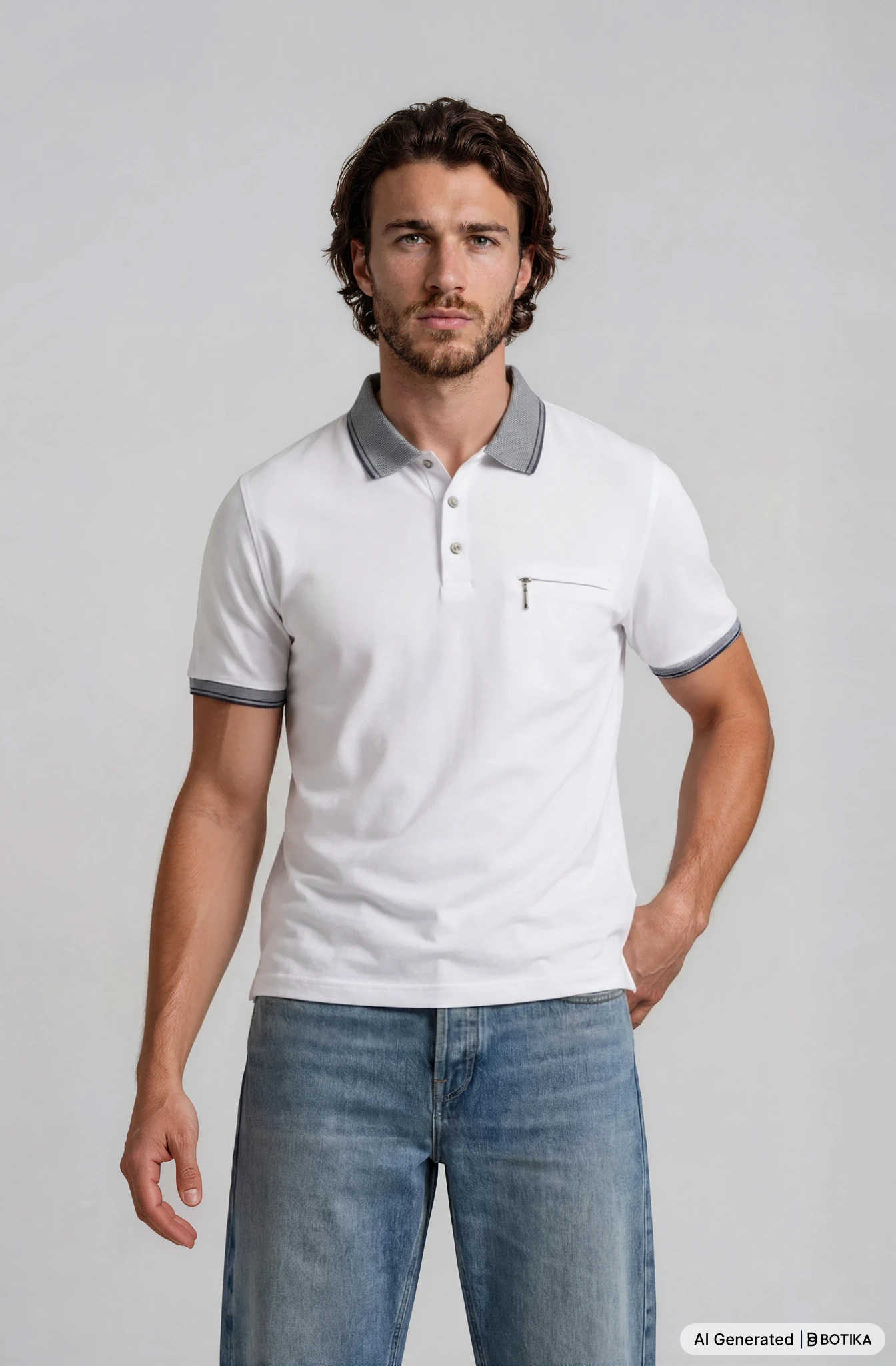 Weißes piqué-poloshirt mit grauem kragen und ärmelabschluss samt chest pocket aus hochwertigem baumwollmaterialmix bügelfrei
