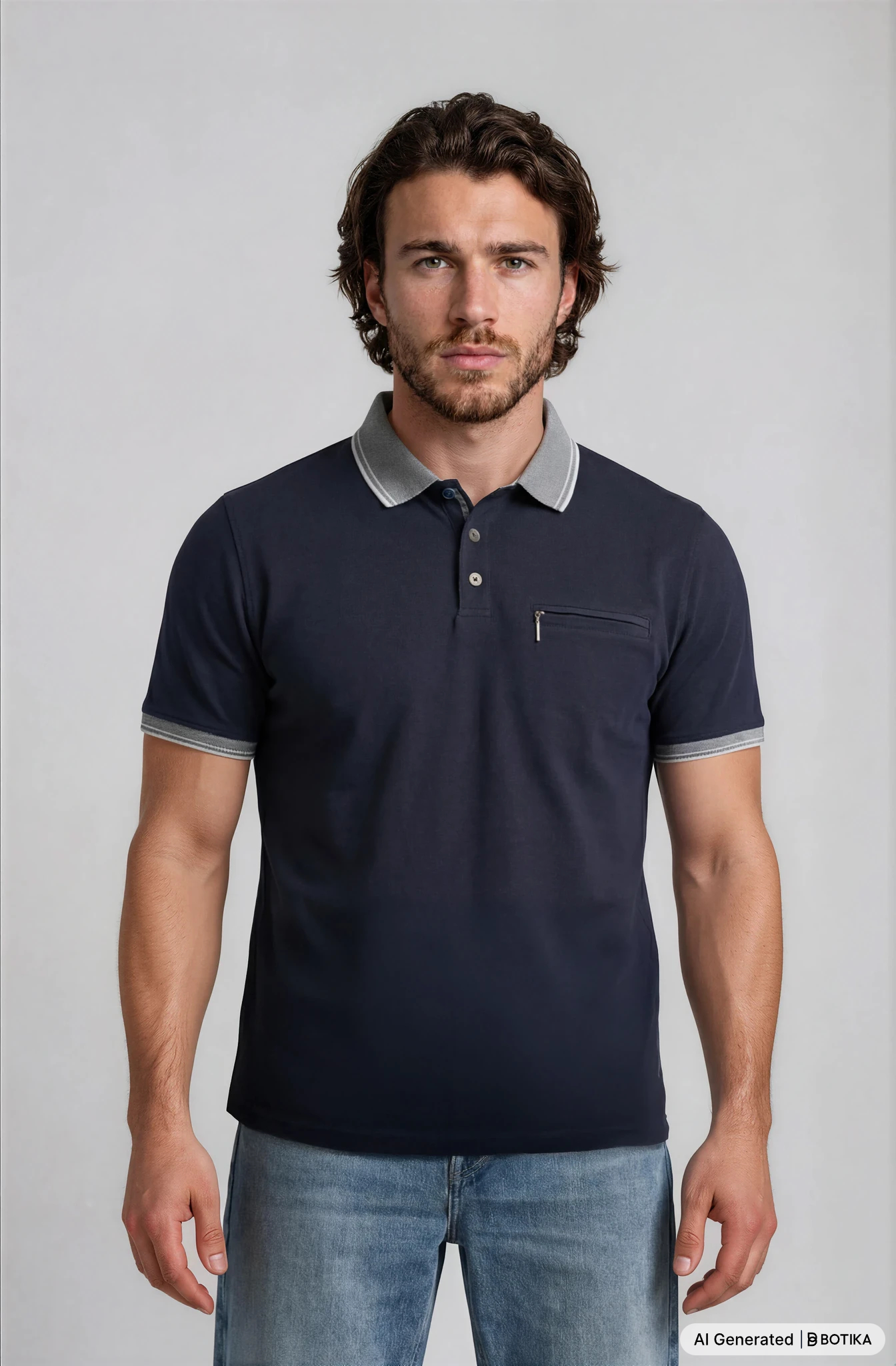 Navy blaues piqué-poloshirt mit kontrastdetails aus hochwertigem baumwollmaterialmix bügelfrei