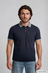Navy blaues piqué-poloshirt mit kontrastdetails aus hochwertigem baumwollmaterialmix bügelfrei