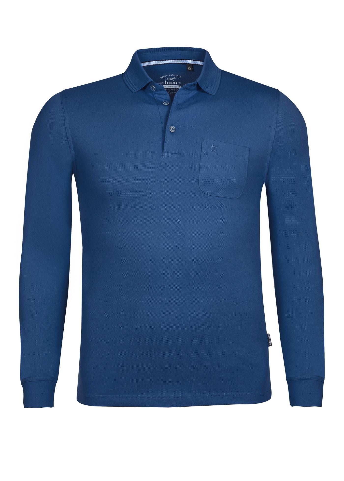 Marineblaues langärmeliges Poloshirt mit Brusttasche.