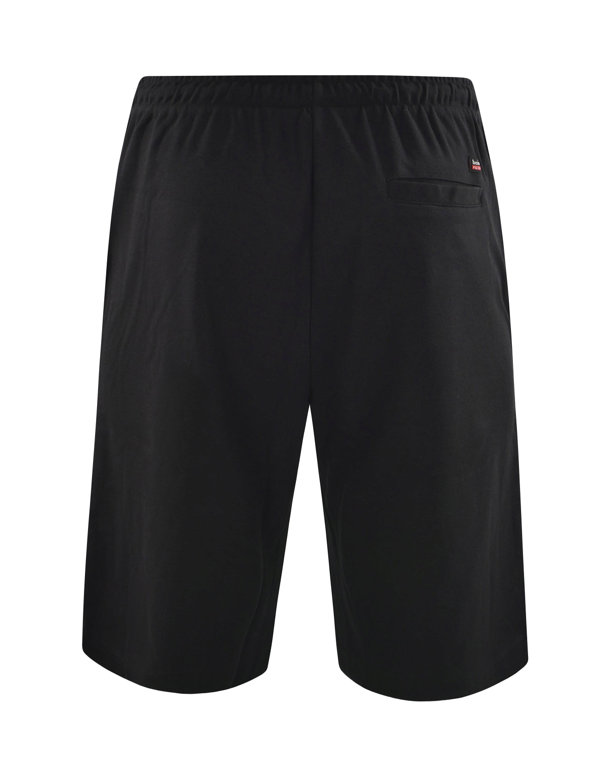 Schwarze Sportshorts mit einer kleinen Tasche und einem elastischen Bund, wahrscheinlich aus Polyester oder Nylon.