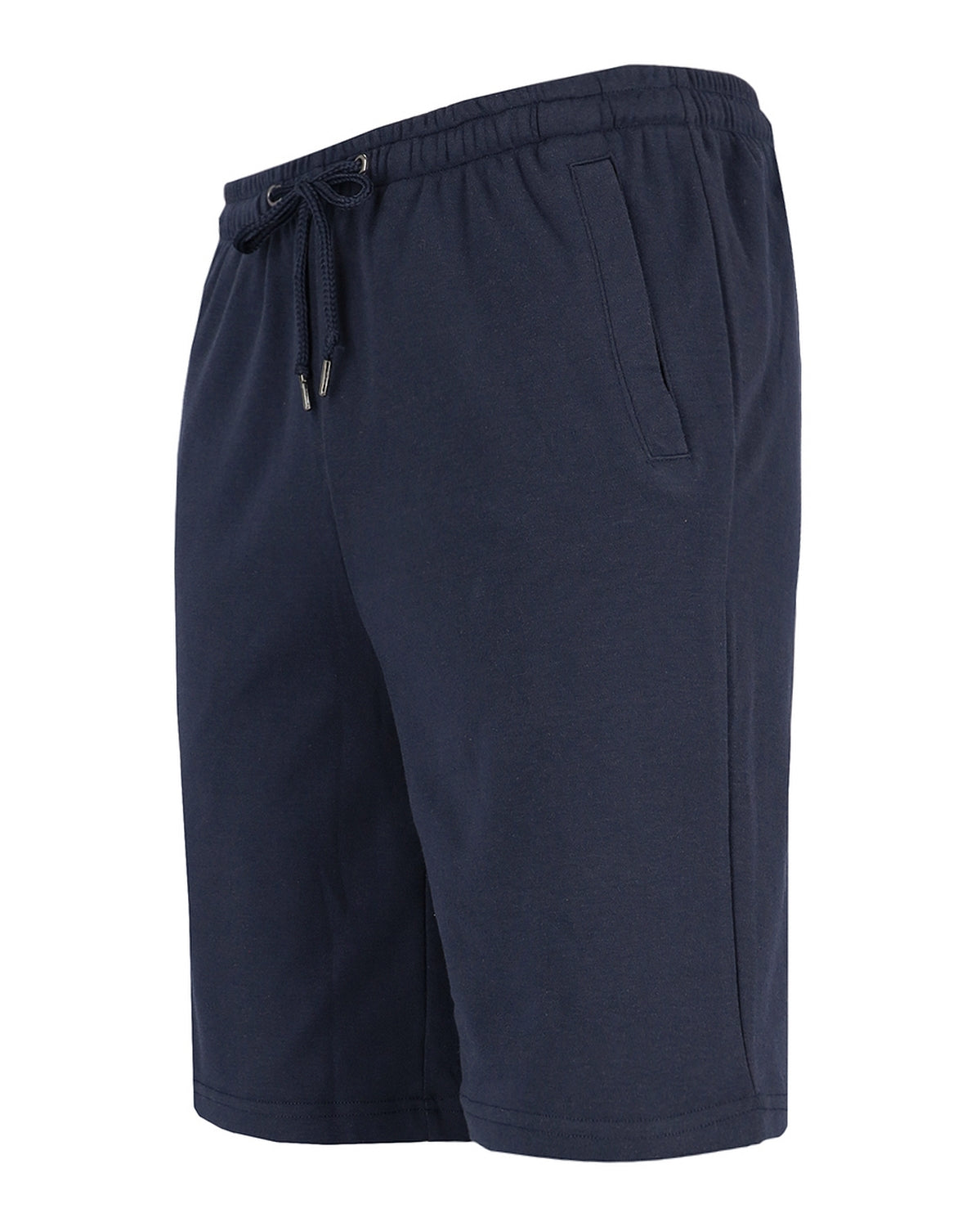 Marineblaue Sportshorts mit elastischem Bund und Kordelzug, geeignet für Freizeitkleidung oder Sport.
