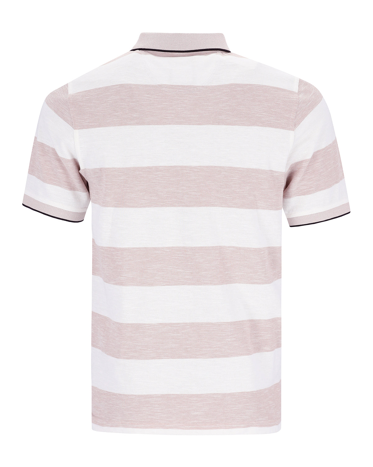 Gestreiftes Poloshirt mit rosa und weißen Streifen, schwarzer Saum, Material Baumwolle.