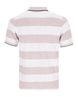 Gestreiftes Poloshirt mit rosa und weißen Streifen, schwarzer Saum, Material Baumwolle.