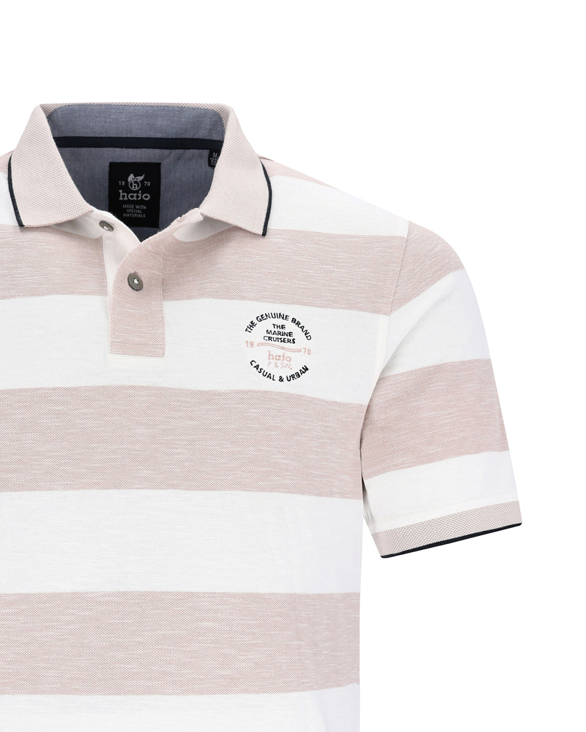 Gestreiftes Poloshirt mit rosa und weißen Streifen, Kragenausschnitt, kurze Ärmel, Baumwollmaterial.