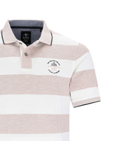 Gestreiftes Poloshirt mit rosa und weißen Streifen, Kragenausschnitt, kurze Ärmel, Baumwollmaterial.