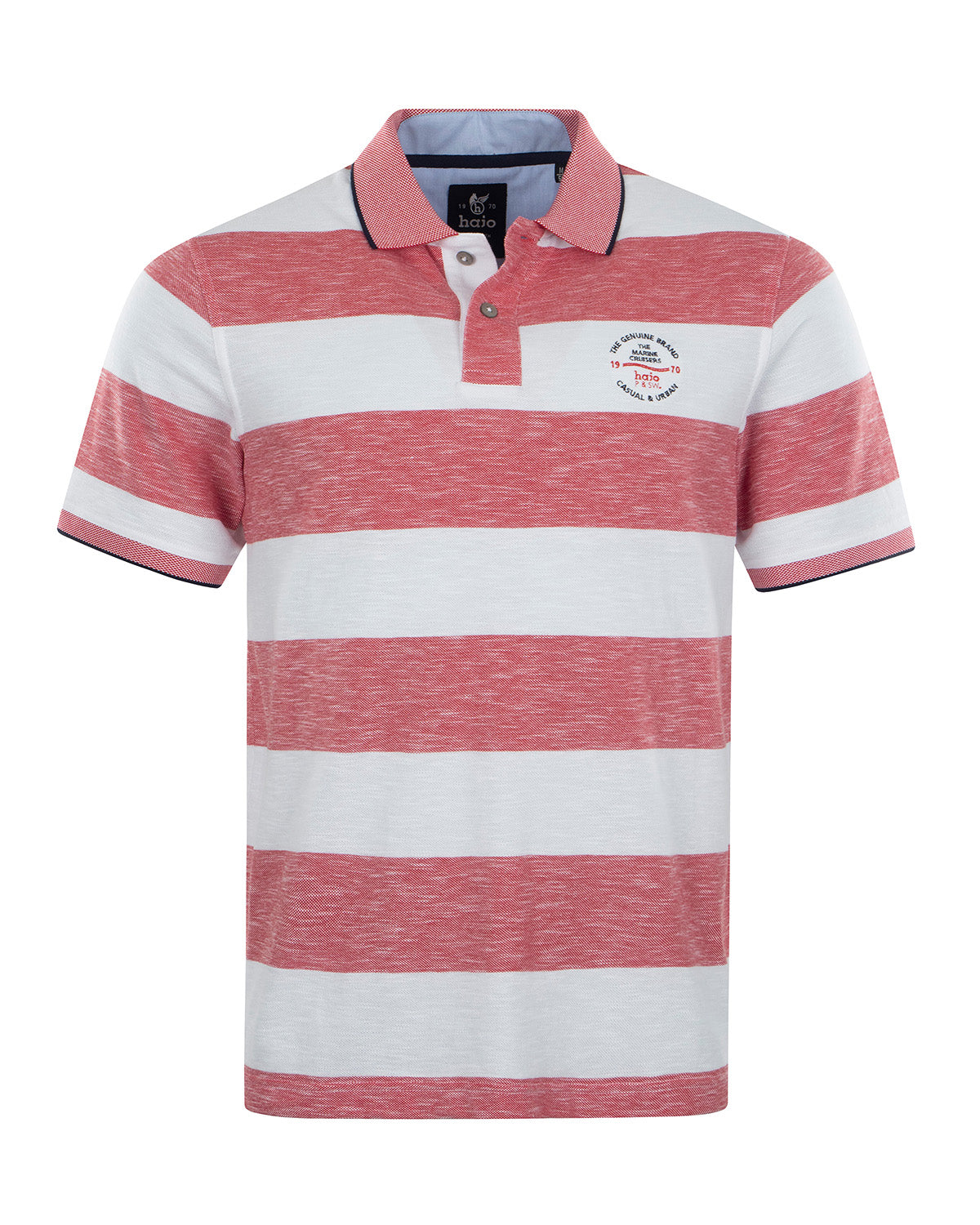 Gestreiftes Poloshirt mit rosa und weißen Streifen, kurze Ärmel, Kragen, Knopfleiste, aus Baumwolle.