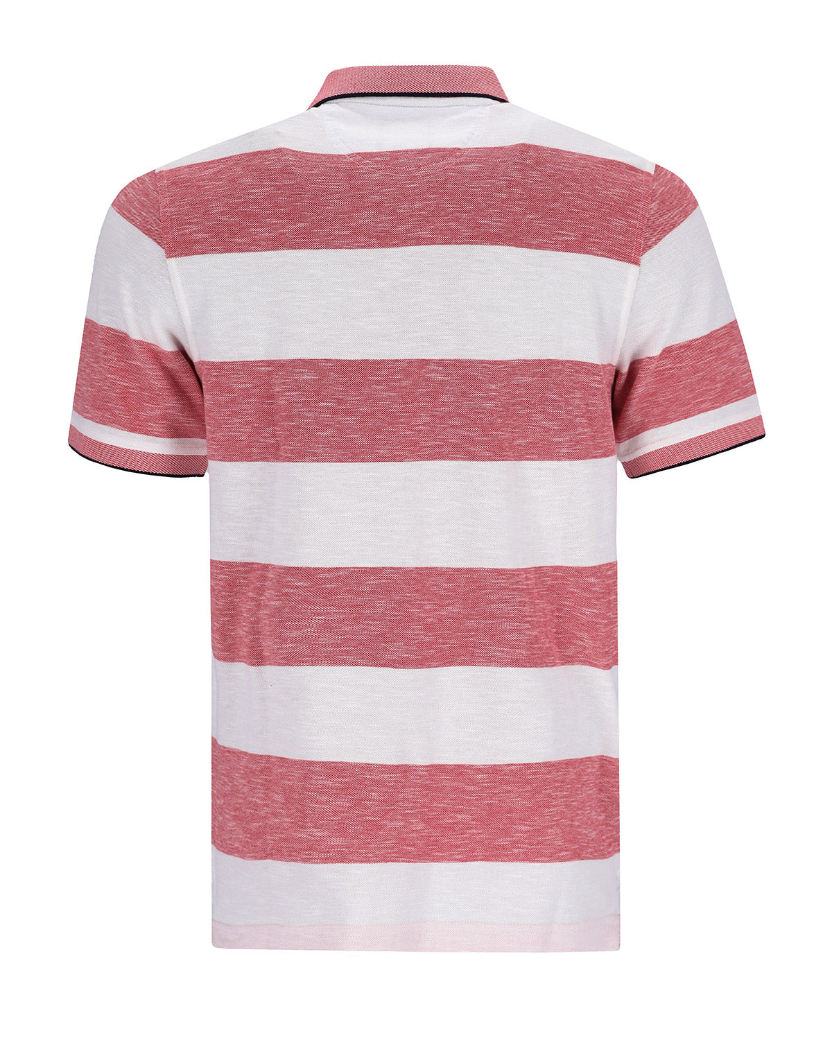 Gestreiftes Poloshirt mit rosa und weißen Streifen, kurze Ärmel, Kragen, aus Baumwolle oder Polyestergemisch.