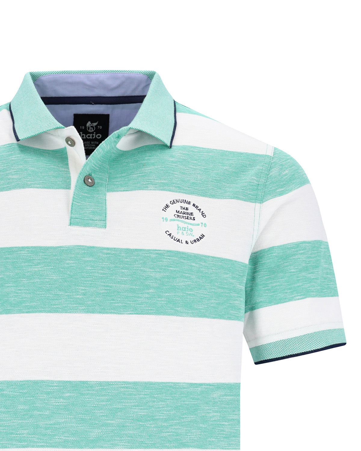 Mintgrün-weiß gestreiftes Poloshirt mit marineblauem Saum, aus Baumwolle.