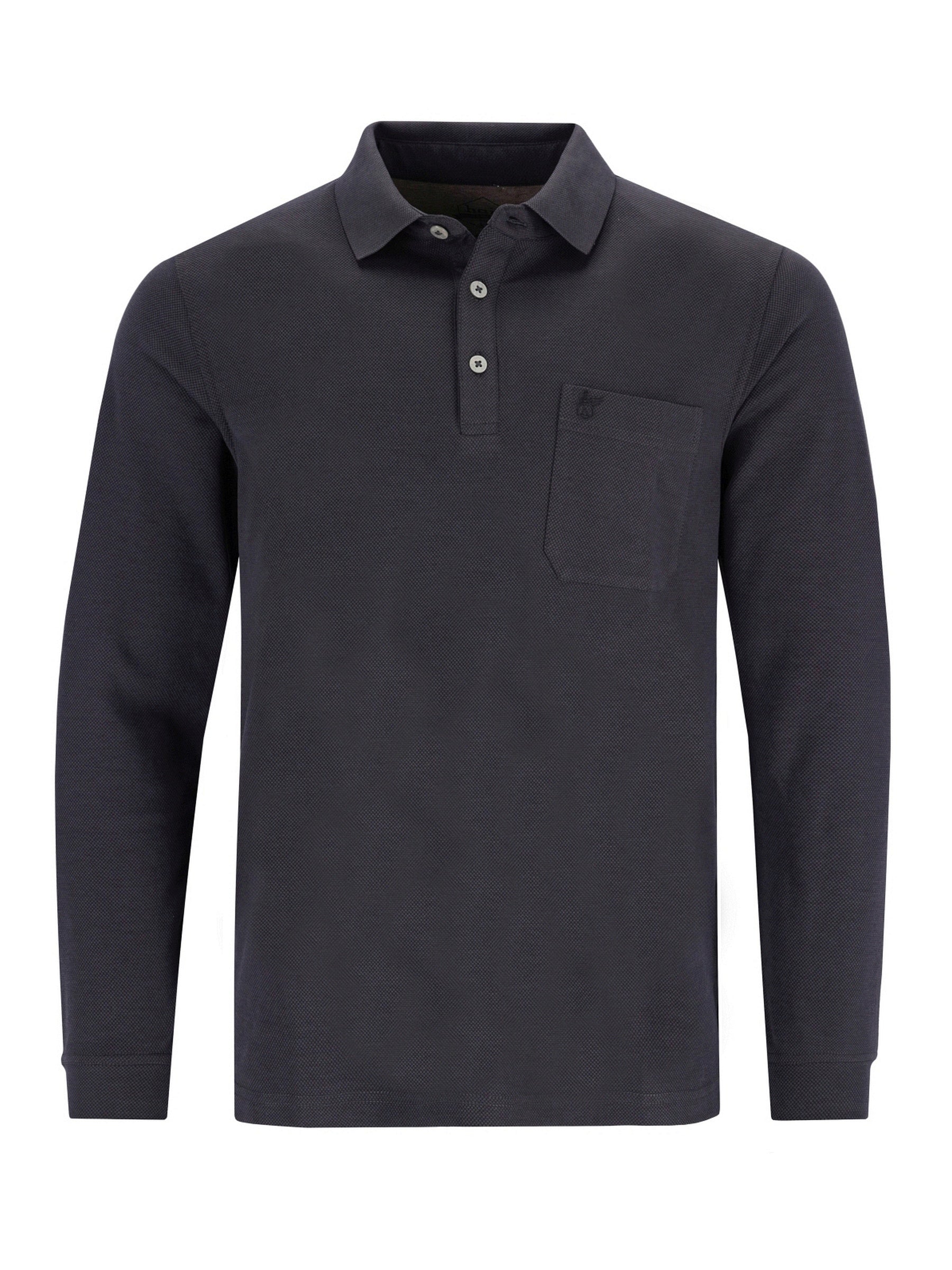 Schwarzes langärmliges Poloshirt mit Tasche und Knopfverschluss, wahrscheinlich aus Baumwolle oder Polyester-Mischung.