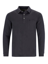 Schwarzes langärmliges Poloshirt mit Tasche und Knopfverschluss, wahrscheinlich aus Baumwolle oder Polyester-Mischung.