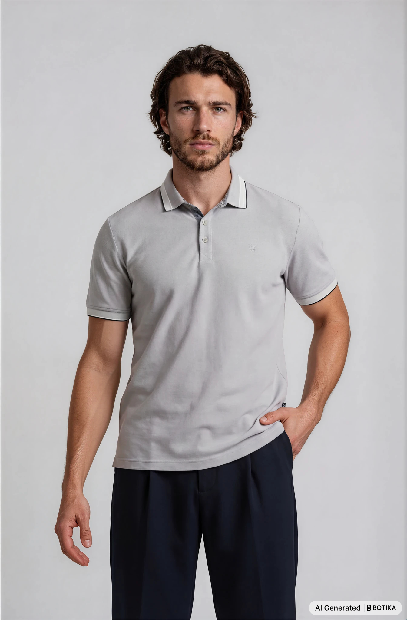 A light gray poloshirt capacity pique with short sleeves classic collar and buttoned placket in pique fabric