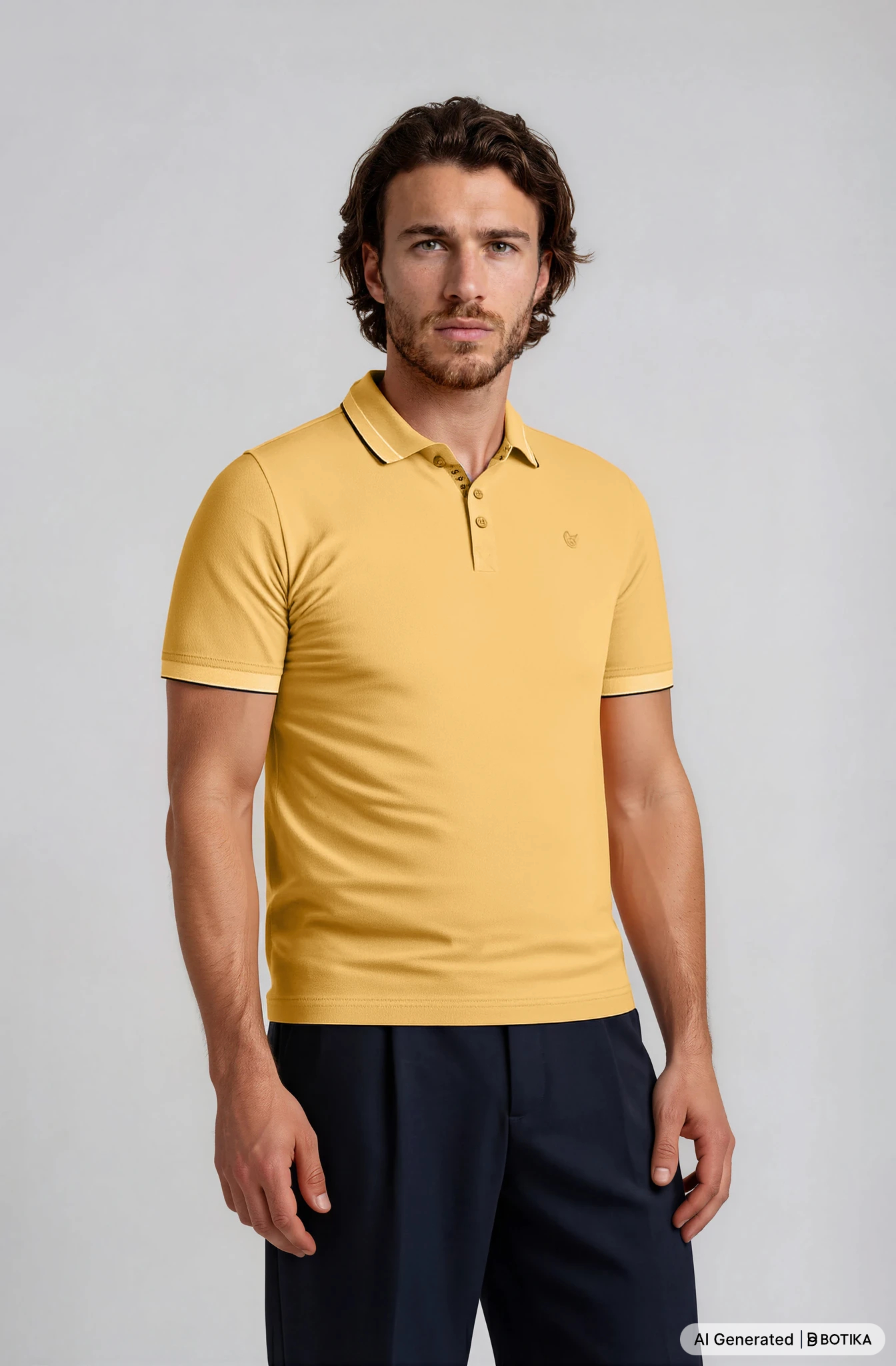 Gelbes poloshirt capacity pique mit kontrastierendem dunklem kragen und ärmelabschluss mit kleinem logo auf der brust
