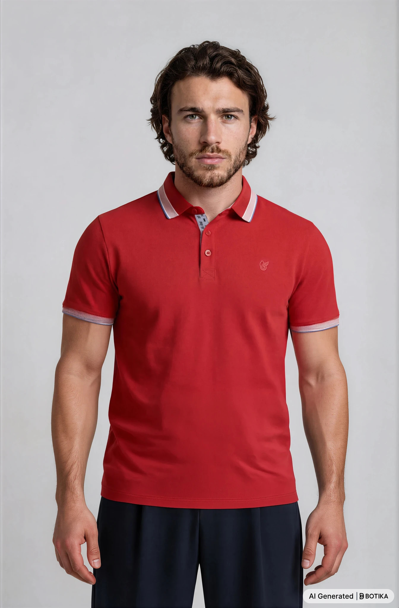 Rotes poloshirt capacity pique mit weiß abgesetztem kragen und ärmelbündchen sowie kleinem logo auf der linken brust