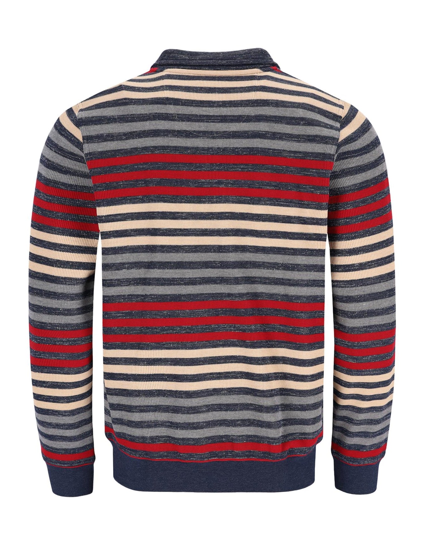 Gestreifter Pullover mit marineblauen, roten und beigen Streifen.