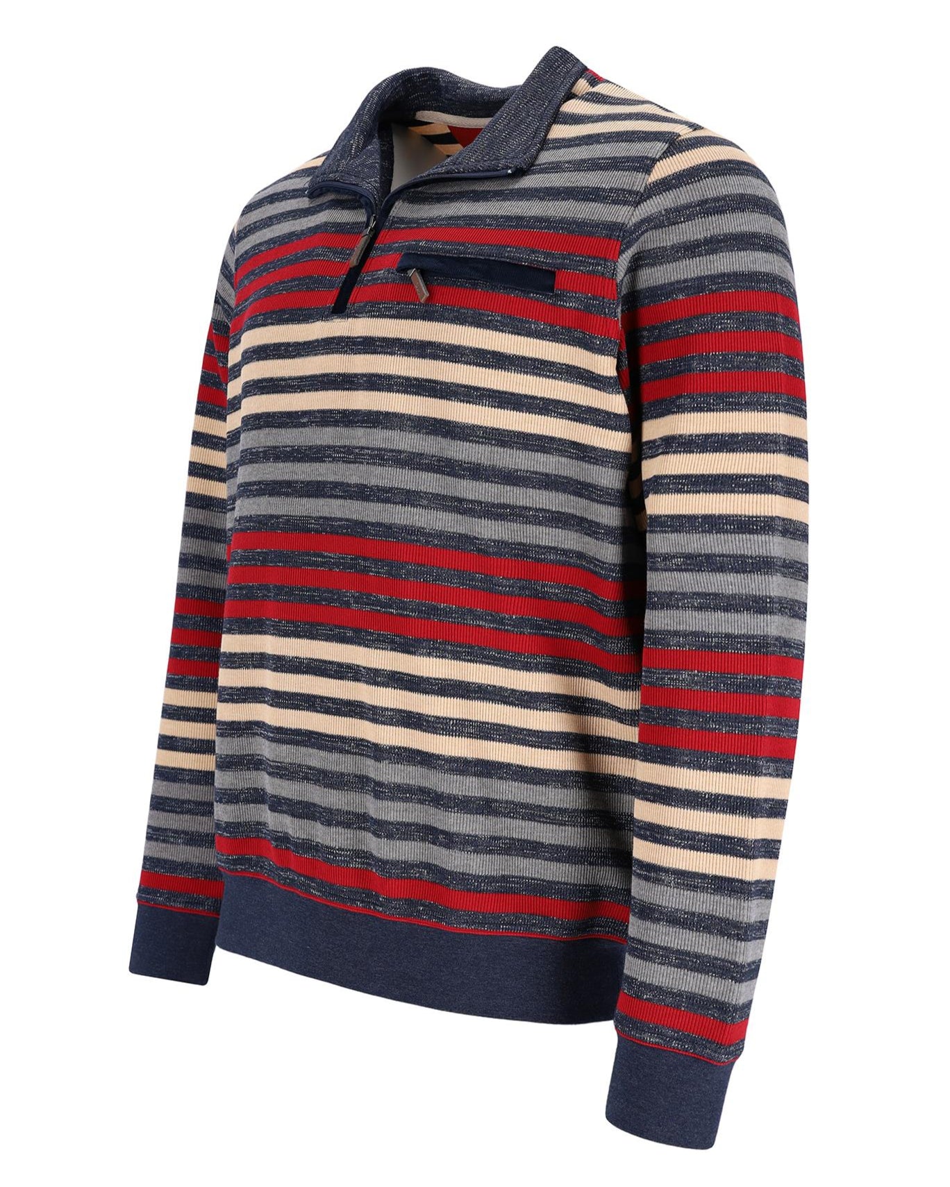 Gestreifter Pullover mit halbem Reißverschlusskragen, mit marineblauen und roten Streifen auf cremefarbenem Hintergrund.