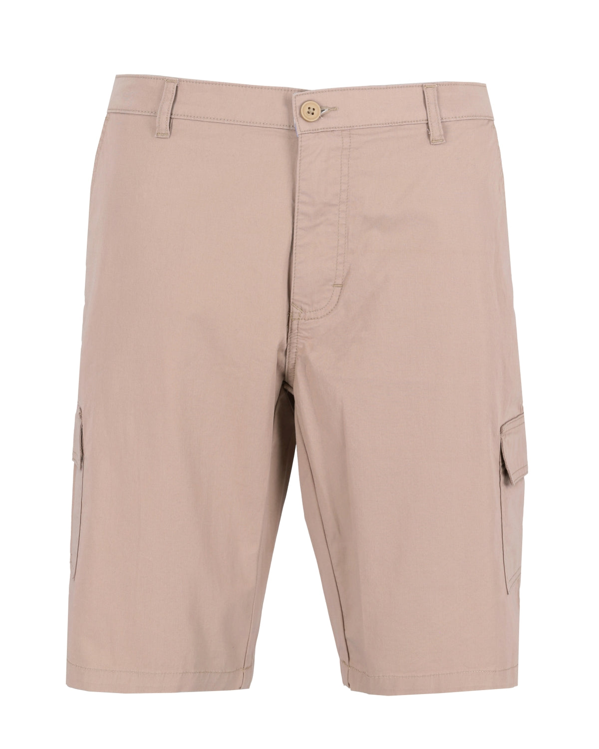 Beigefarbene Cargoshorts mit mehreren Taschen und einem Knopfverschluss.