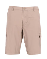 Beigefarbene Cargoshorts mit mehreren Taschen und einem Knopfverschluss.