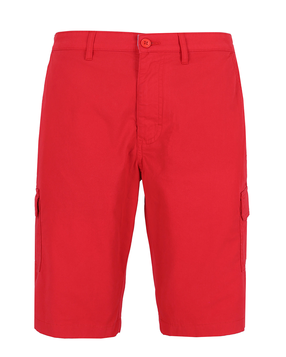 Rote Cargo-Shorts mit mehreren Taschen und Knopfverschluss.