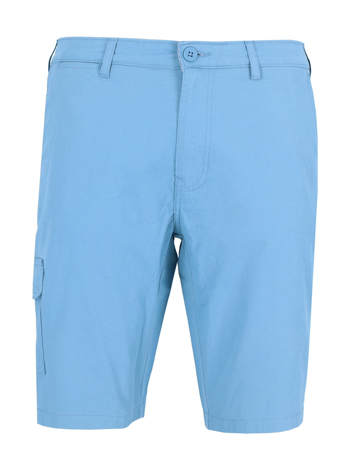 Hellblaue Cargo-Shorts mit mehreren Taschen und Knopfverschluss.