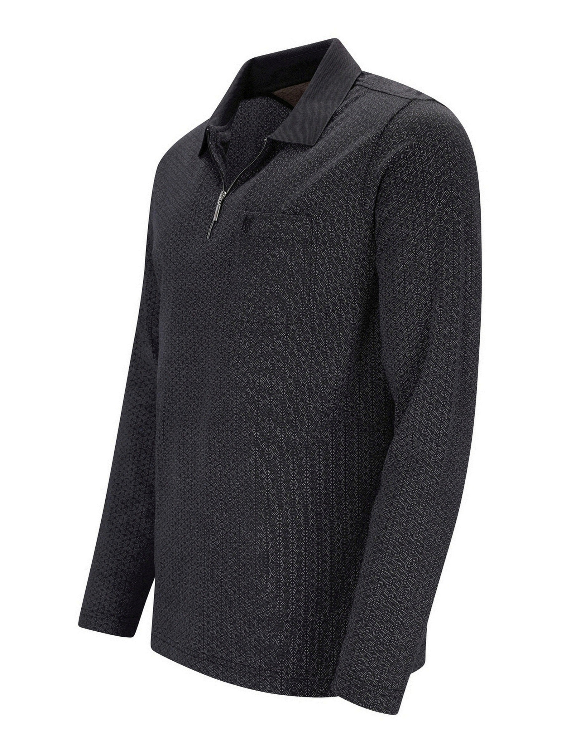 Schwarzes strukturiertes Poloshirt mit Halb-Reißverschlusskragen und gerippten Bündchen.