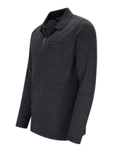 Schwarzes strukturiertes Poloshirt mit Halb-Reißverschlusskragen und gerippten Bündchen.