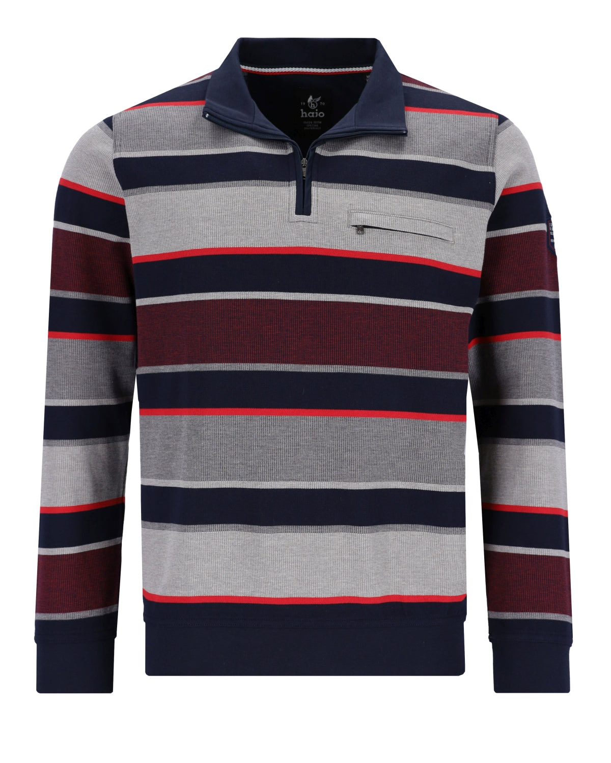 Gestreiftes troyersweatshirt mit halbreißverschluss in navy blau grau maroon und rot in stay fresh qualität