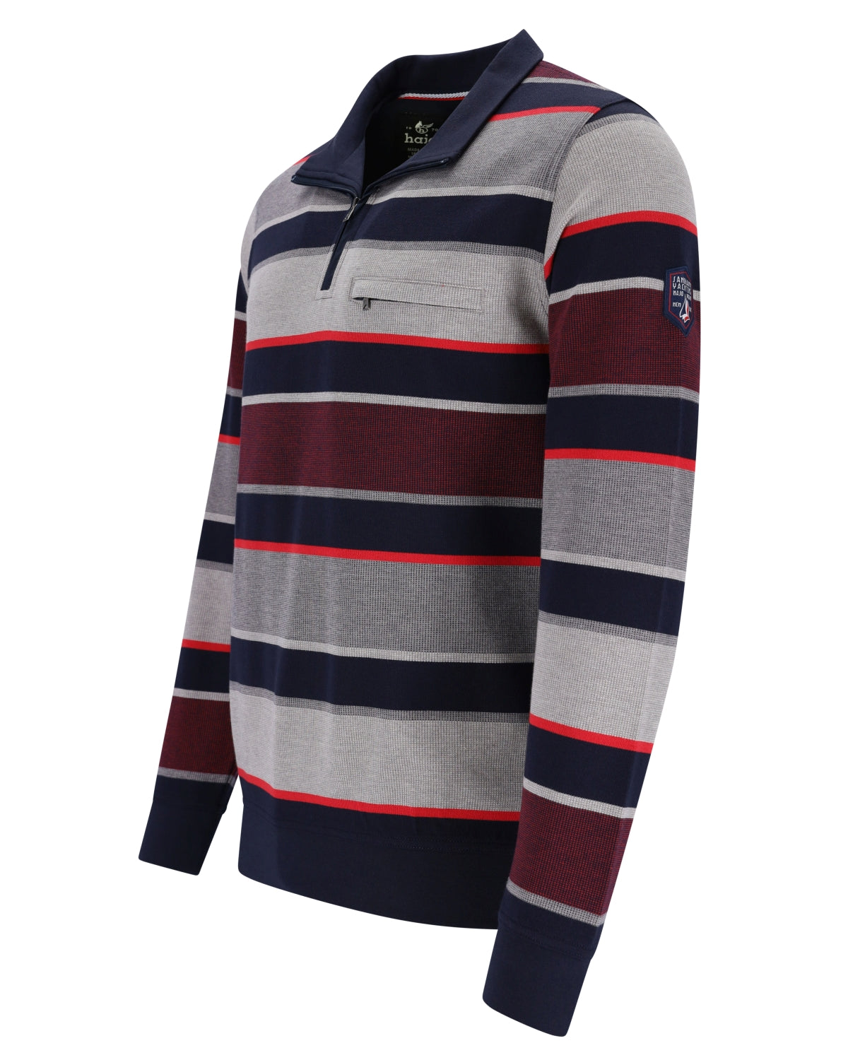 Gestreiftes troyersweatshirt mit halbzipper, chest pocket in stay fresh qualität mit navy blau, grau, maroon und rot streifen