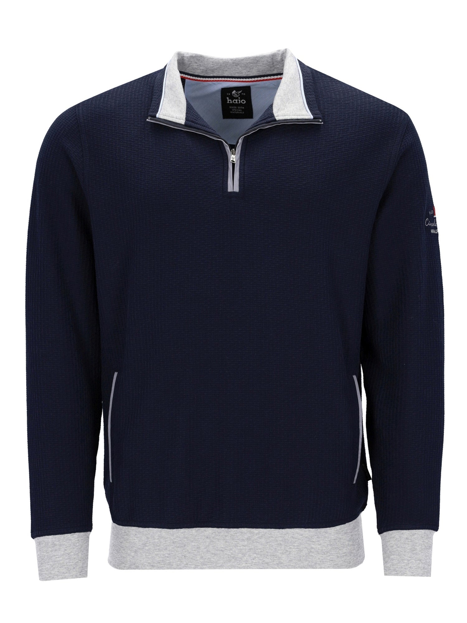 Marineblaues Viertelreißverschluss-Pullover-Sweatshirt mit weißen und grauen Akzenten, mit geripptem Kragen und Manschetten.