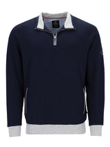 Marineblaues Viertelreißverschluss-Pullover-Sweatshirt mit weißen und grauen Akzenten, mit geripptem Kragen und Manschetten.
