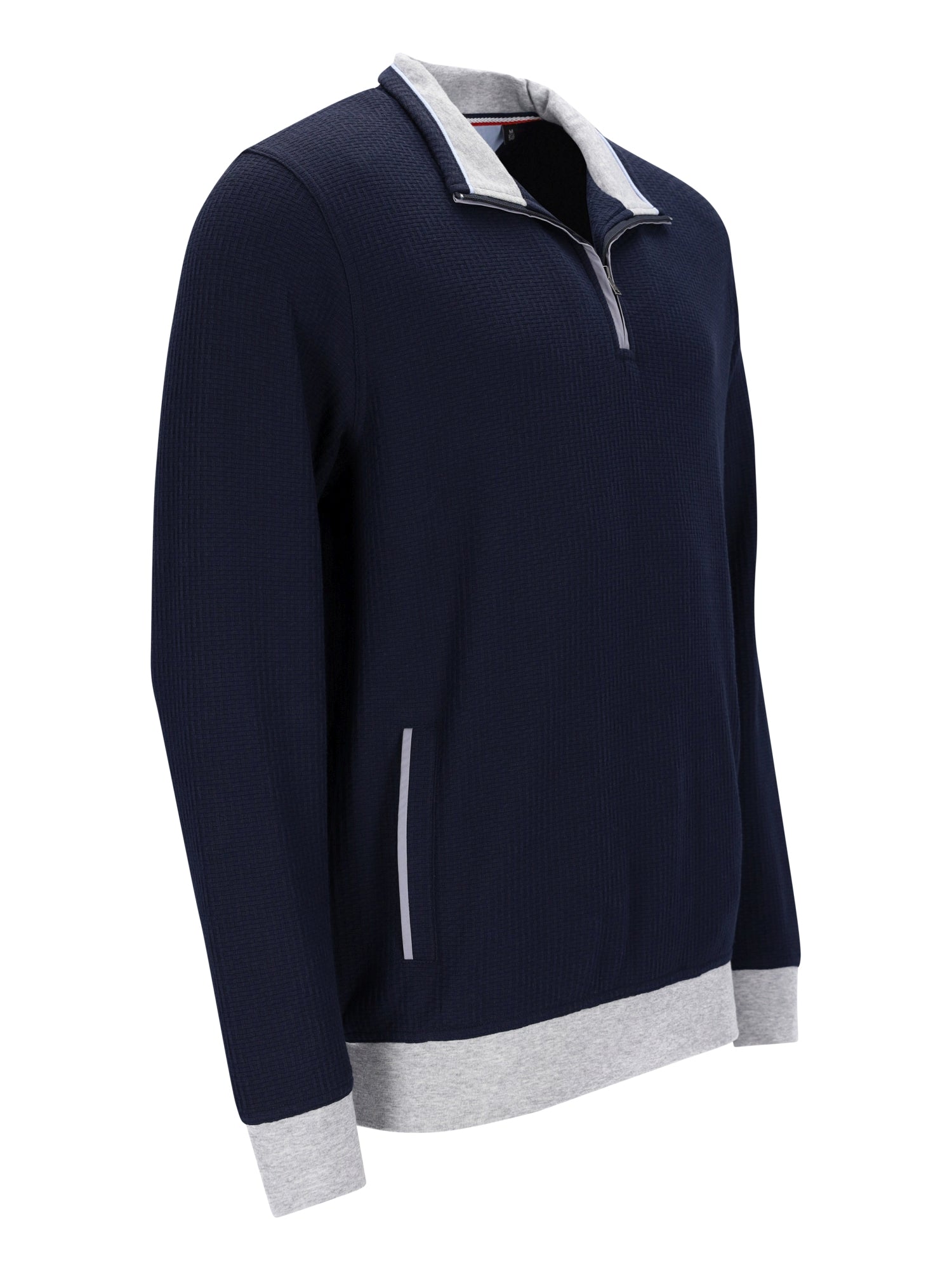 Marineblaues Reißverschluss-Sweatshirt mit weißen und grauen Akzenten, wahrscheinlich aus Baumwolle oder Polyester-Mischung.