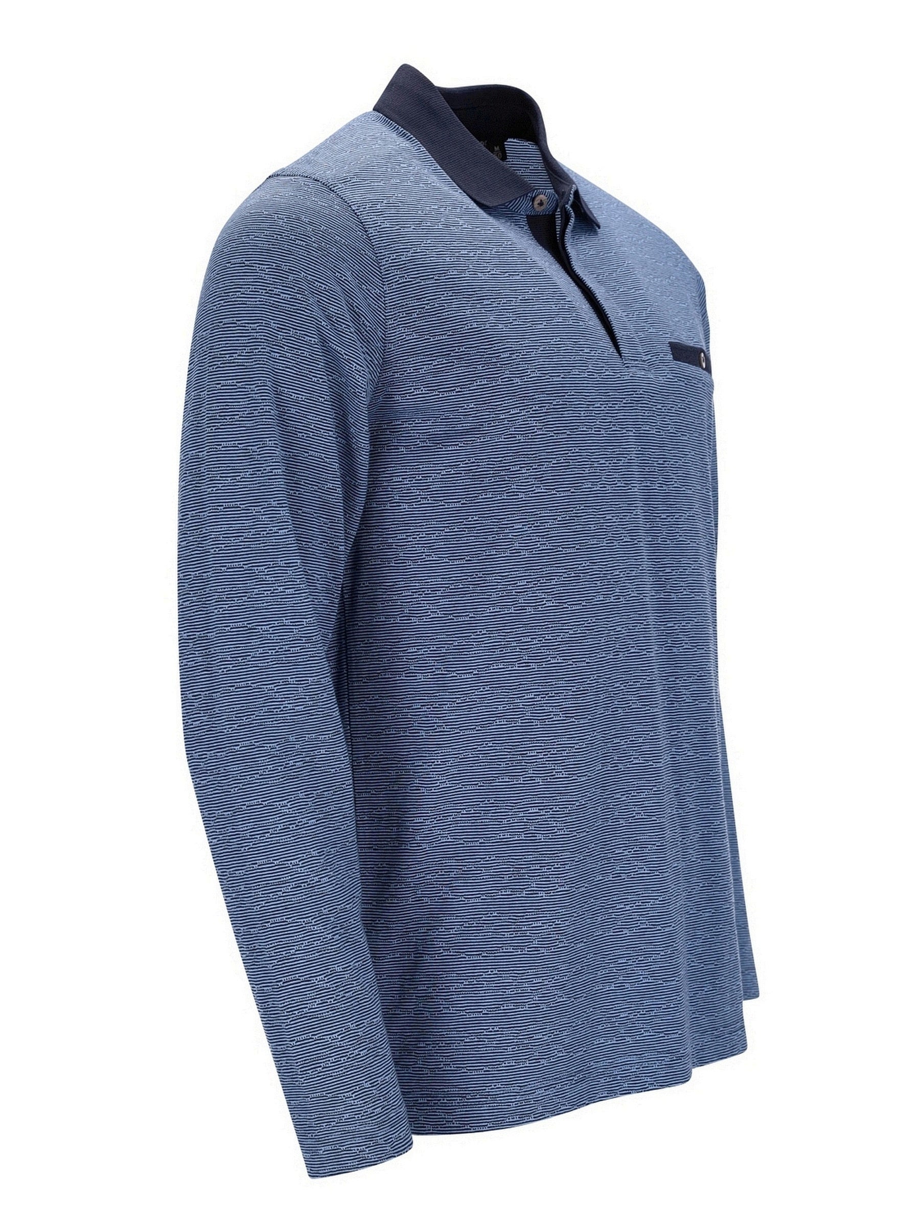 Blau meliertes Langarm-Poloshirt mit kontrastierendem Kragen und Taschen-Detail.