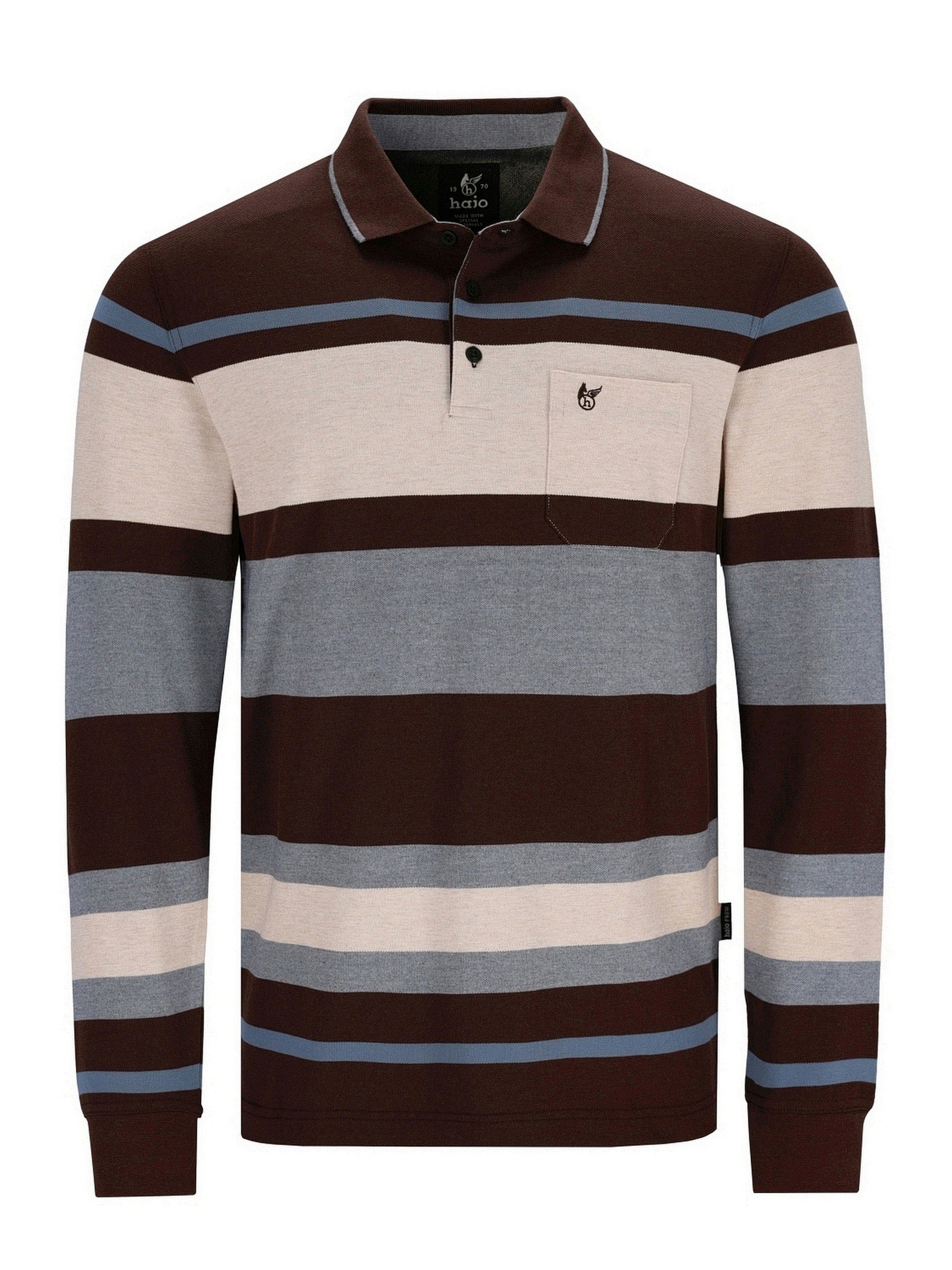 Braunes und graues gestreiftes Poloshirt mit langen Ärmeln, aus Baumwolle gefertigt.