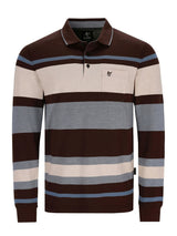 Braunes und graues gestreiftes Poloshirt mit langen Ärmeln, aus Baumwolle gefertigt.