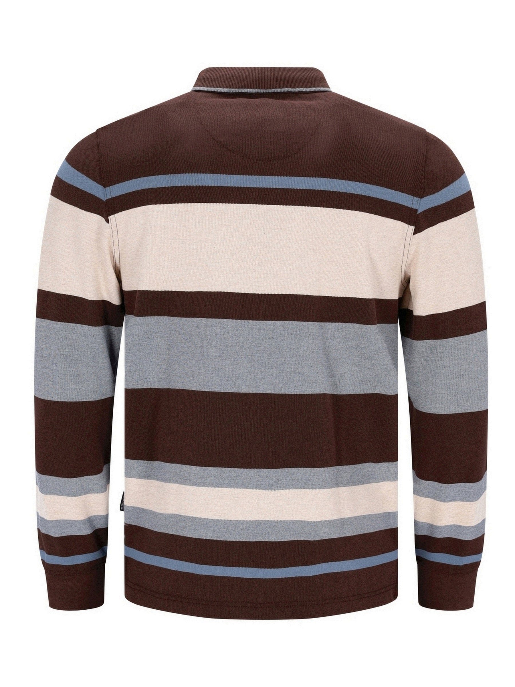 Braunes und blaues gestreiftes Poloshirt mit Kragen.