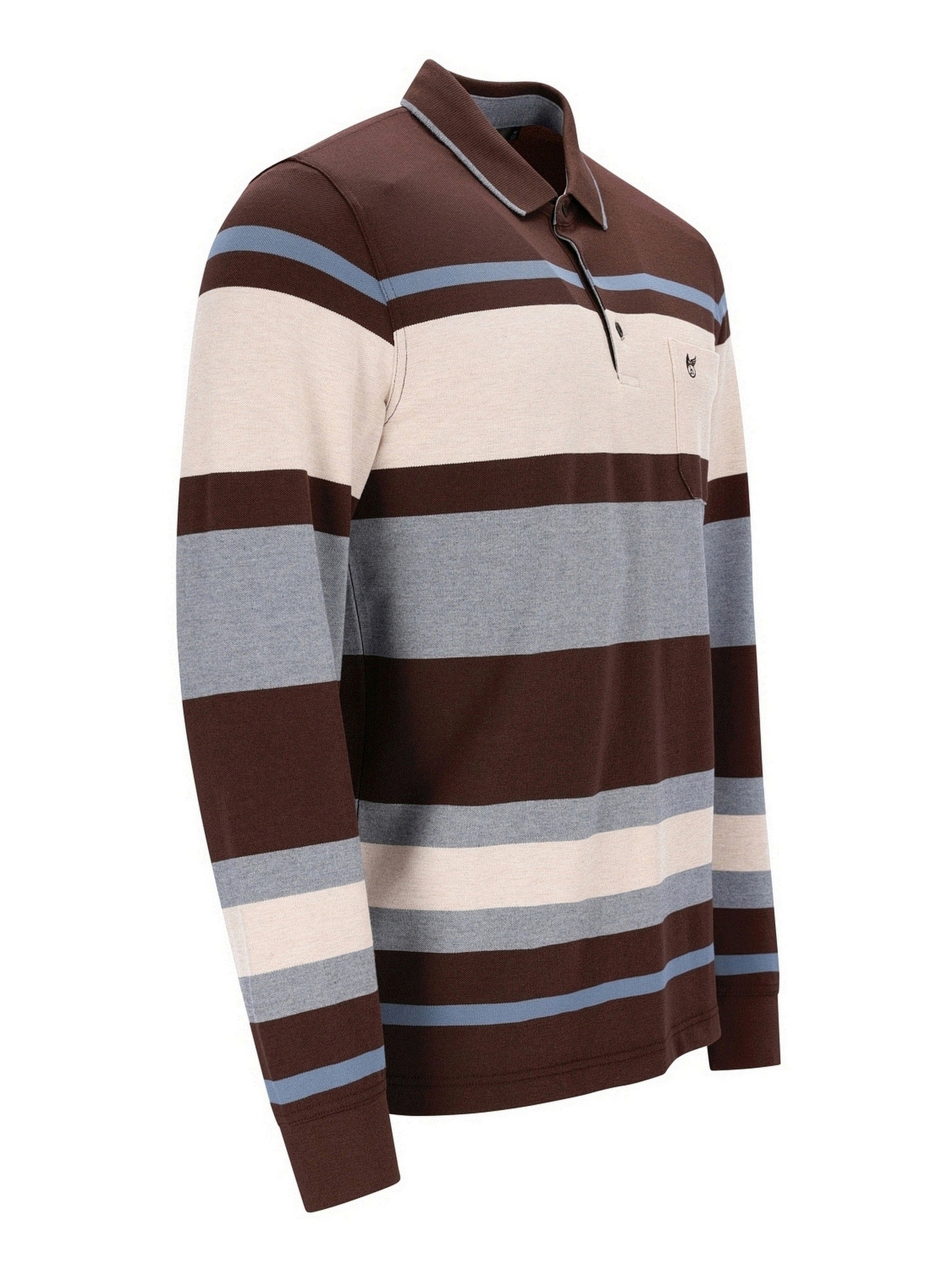 Braunes und graues gestreiftes Poloshirt mit langen Ärmeln, aus Baumwolle.