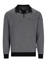 Kohle-grauer Pullover mit schwarzen Akzenten und Half-Zip-Design.