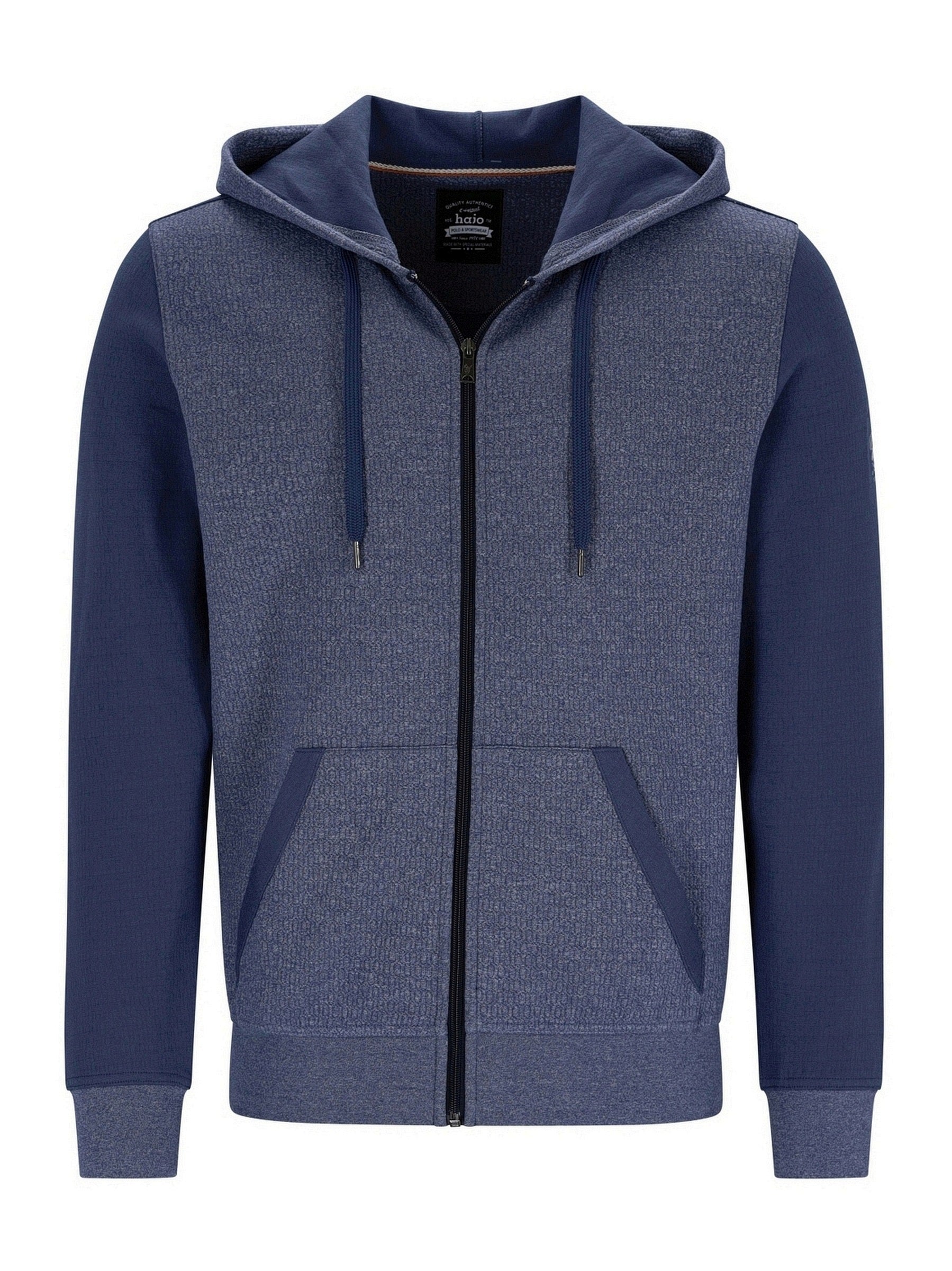 Marineblaue Kapuzenjacke mit Reißverschluss, texturiertem Muster und gerippten Bündchen, inspiriert vom Design von Jack & Jones.