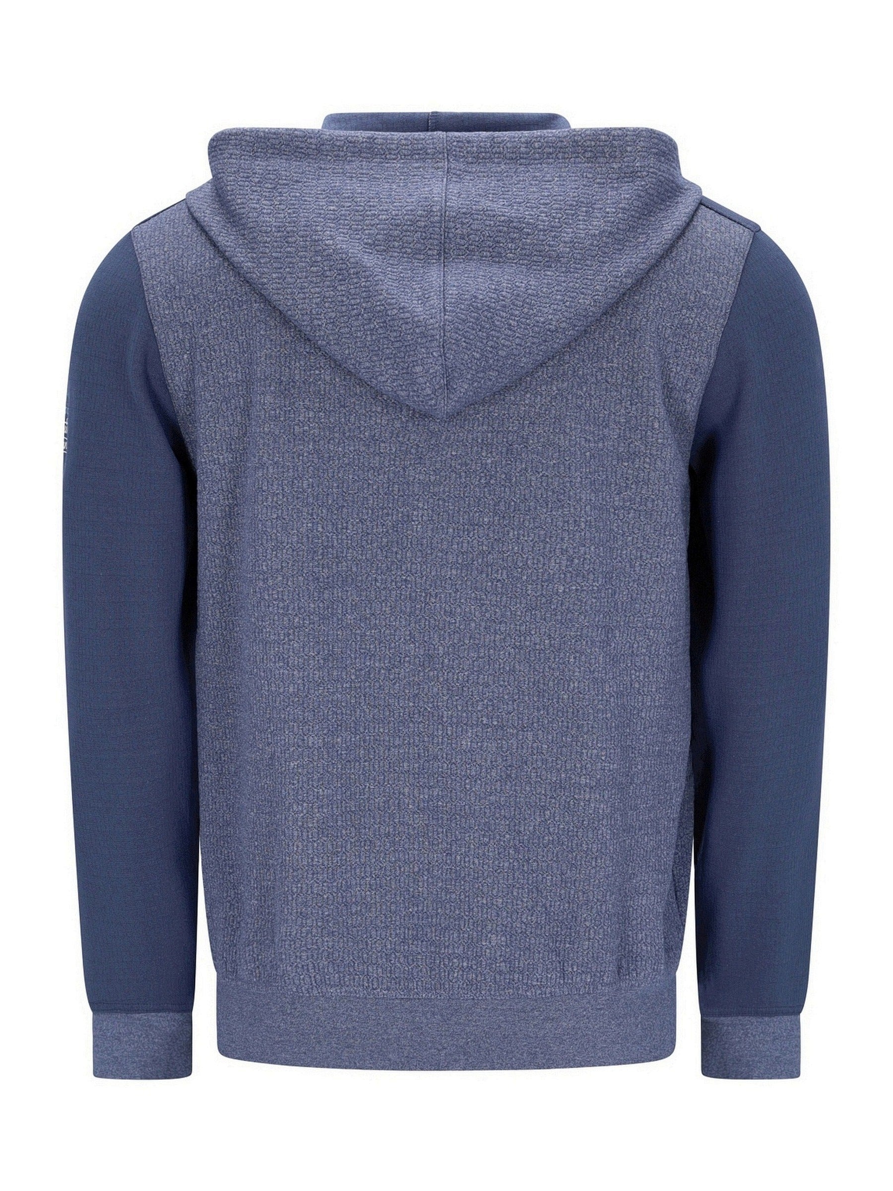 Marineblaue und graue Kapuzenjacke mit texturiertem Strickdesign.
