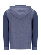 Marineblaue und graue Kapuzenjacke mit texturiertem Strickdesign.